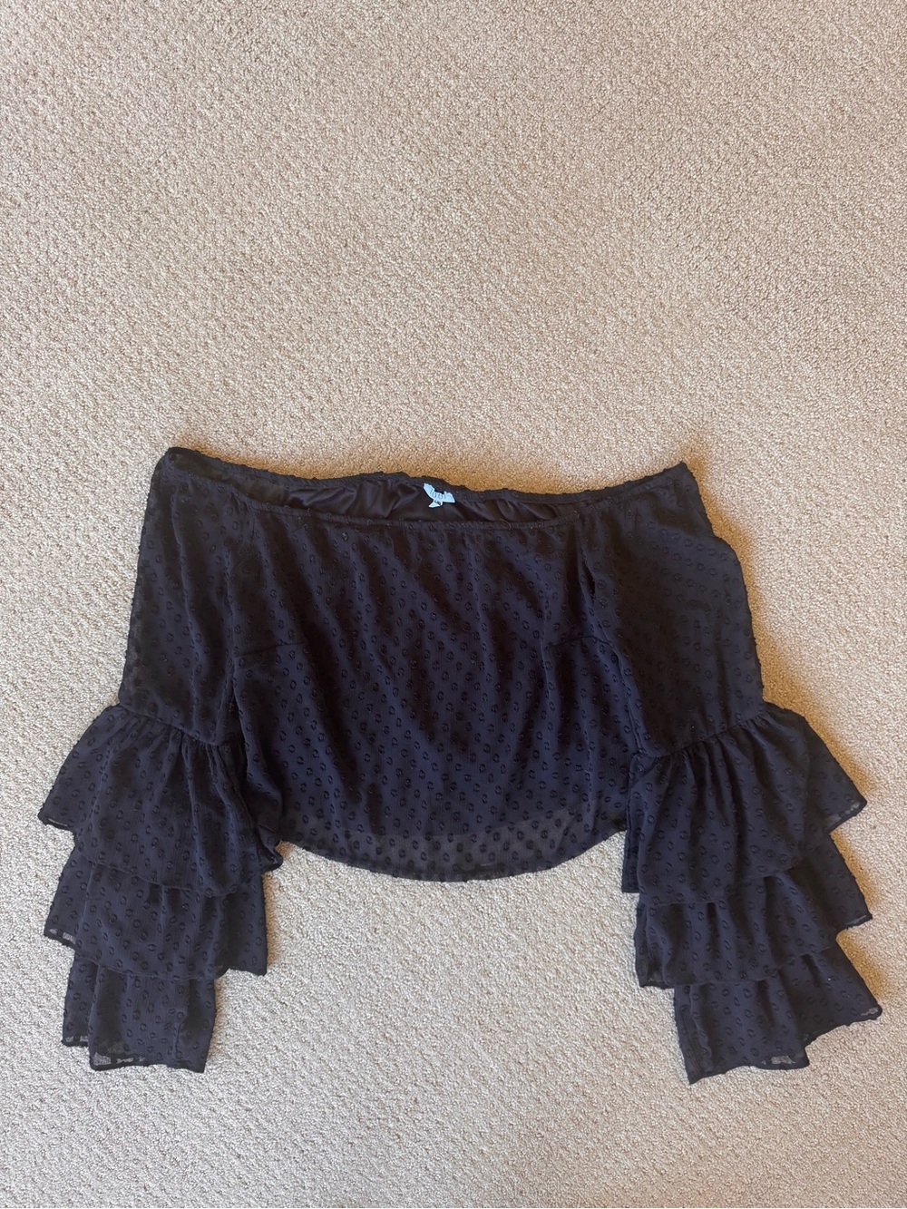 Tobi Black Swiss Dot Off-Shoulder Ruffle Sleeve Top